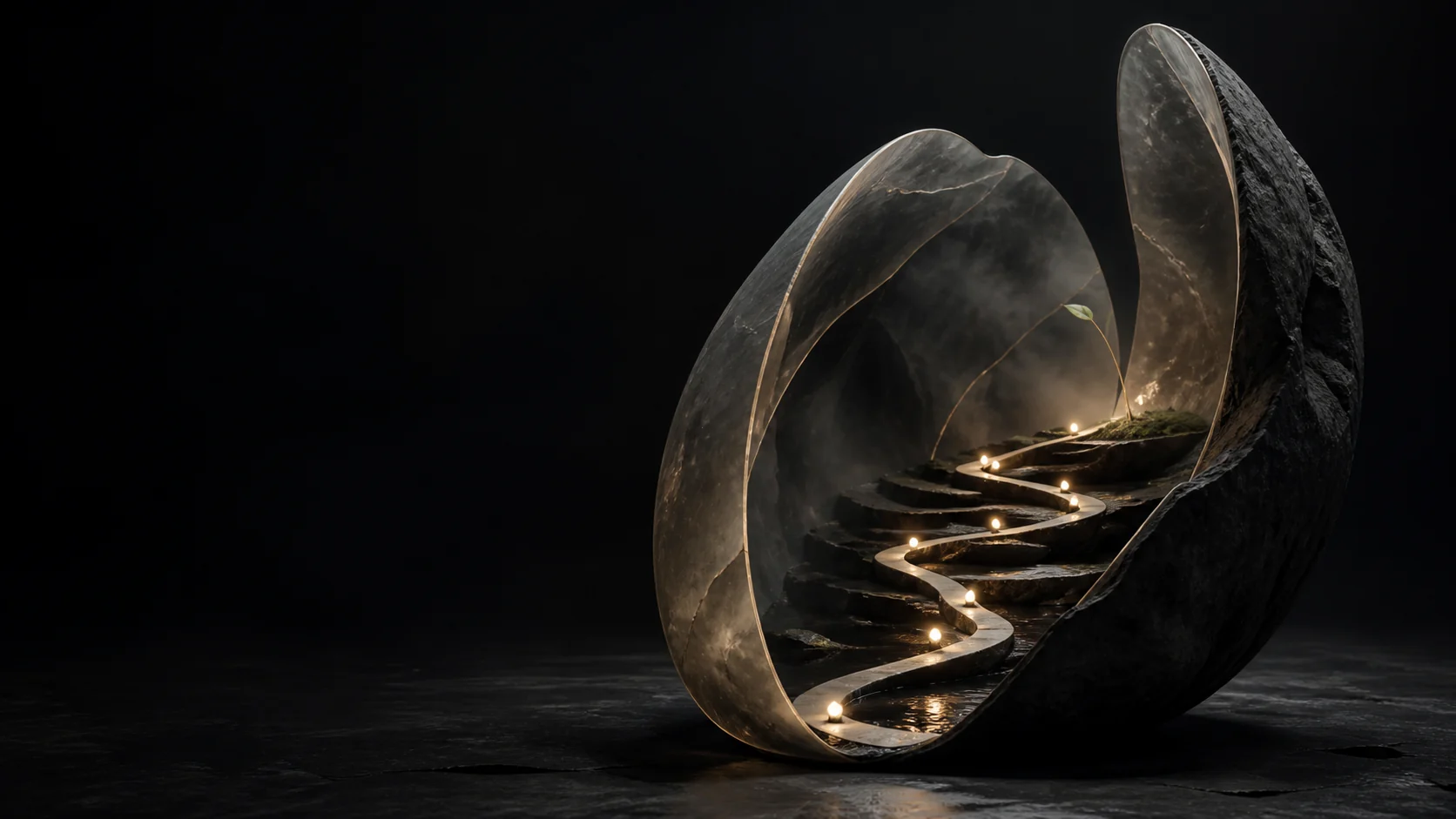 An open seed-shaped sanctuary containing a path, seven lights and a young sprout